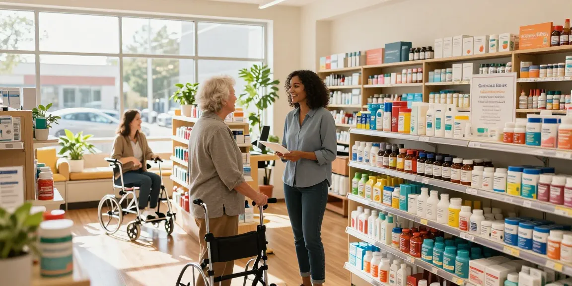 Home health store featuring wellness products and supportive customer service interaction.