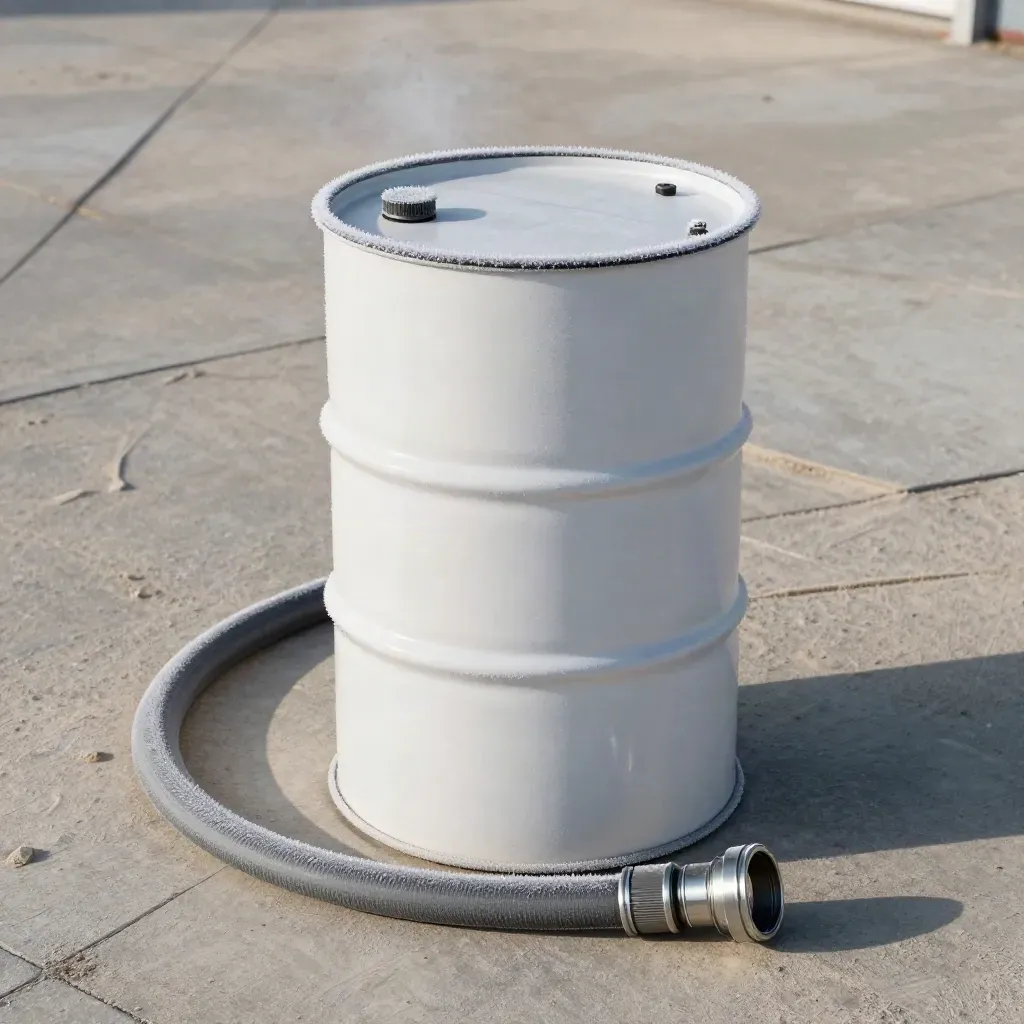 White winter diesel drum with frost, hose and fittings on pale concrete, overhead editorial flatlay