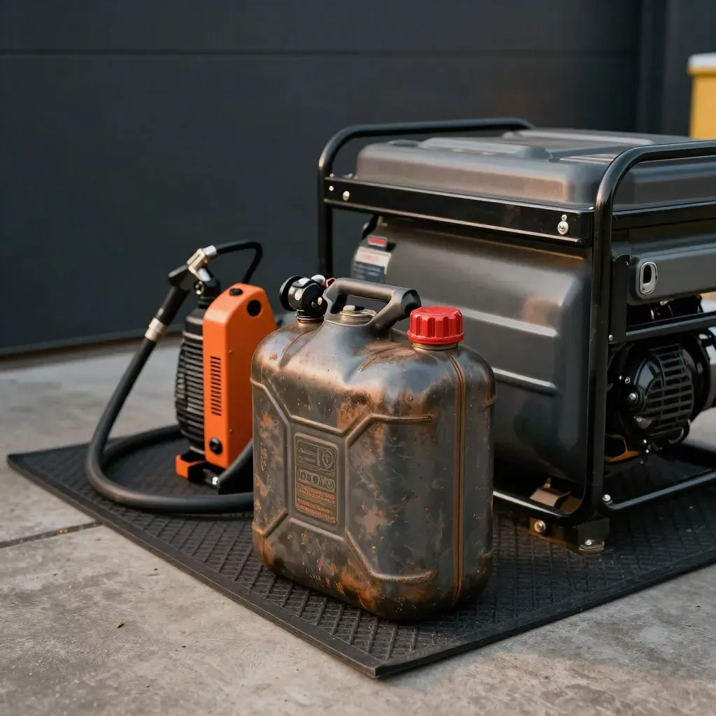 Unbranded emergency fuel canister with pump beside a generator on a rubber mat.