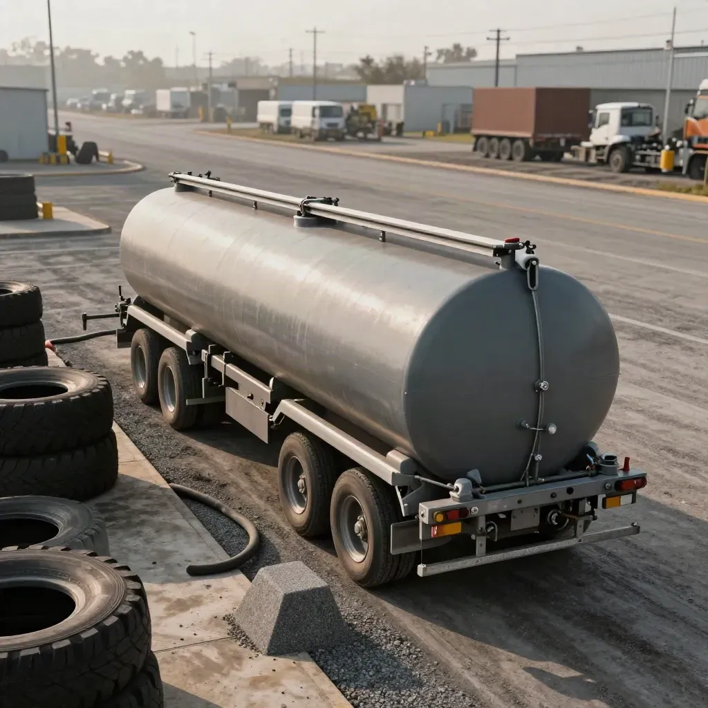Truck-yard fuel tote beside tires and hose cradle in a hazy industrial yard