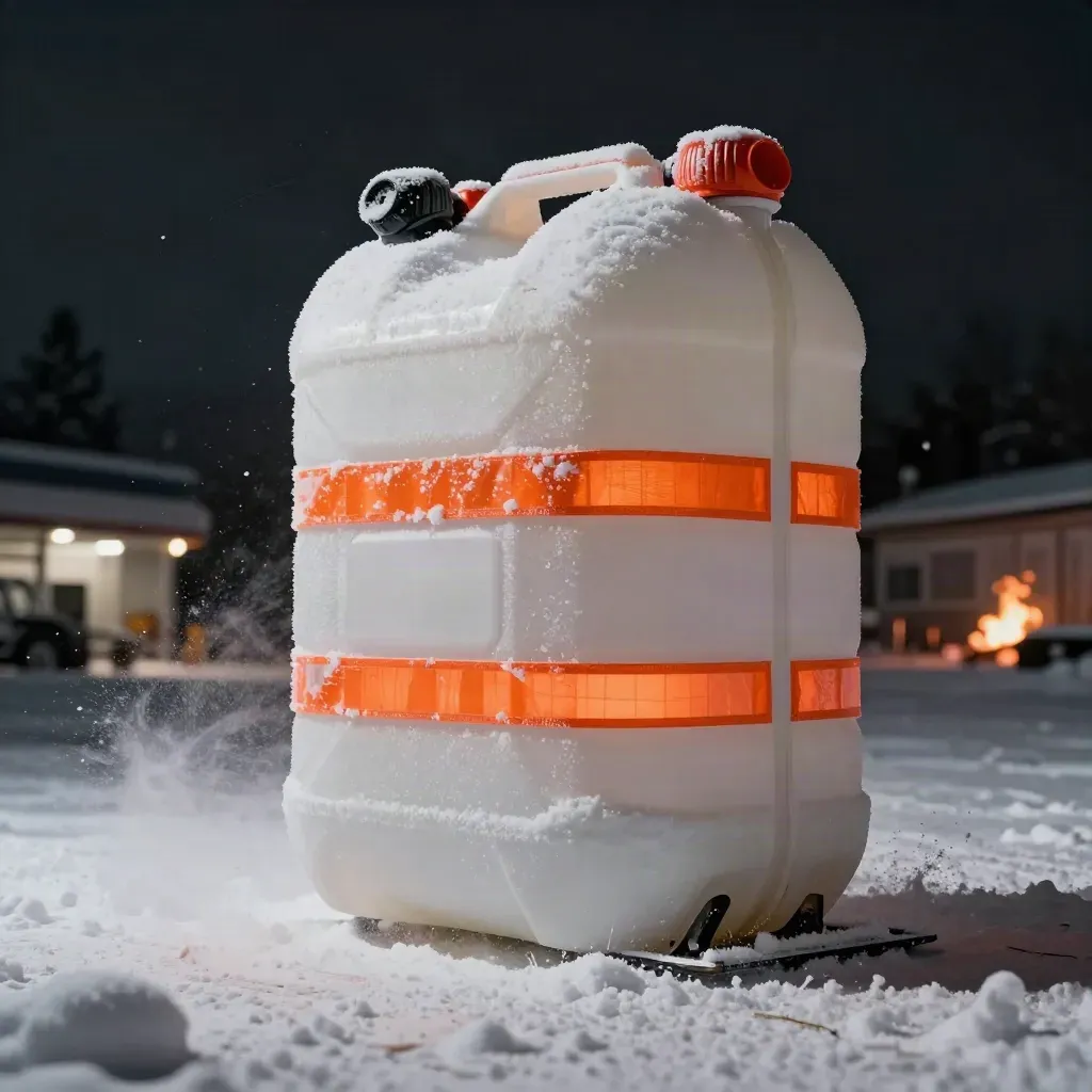 Winter fuel tote with orange bands and snow mist under yard lights.