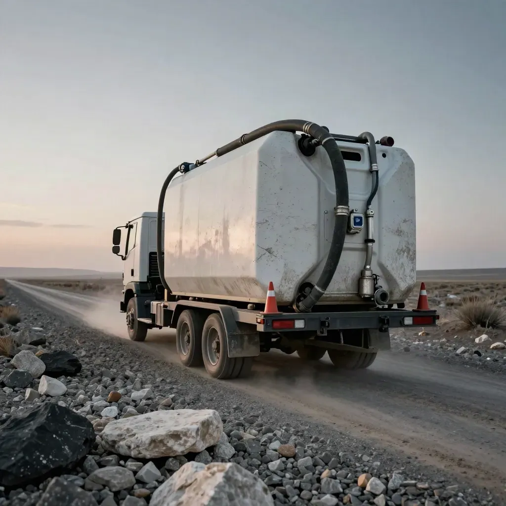 White fuel cube trailer moving on a remote haul road at dusk with haze and cones.