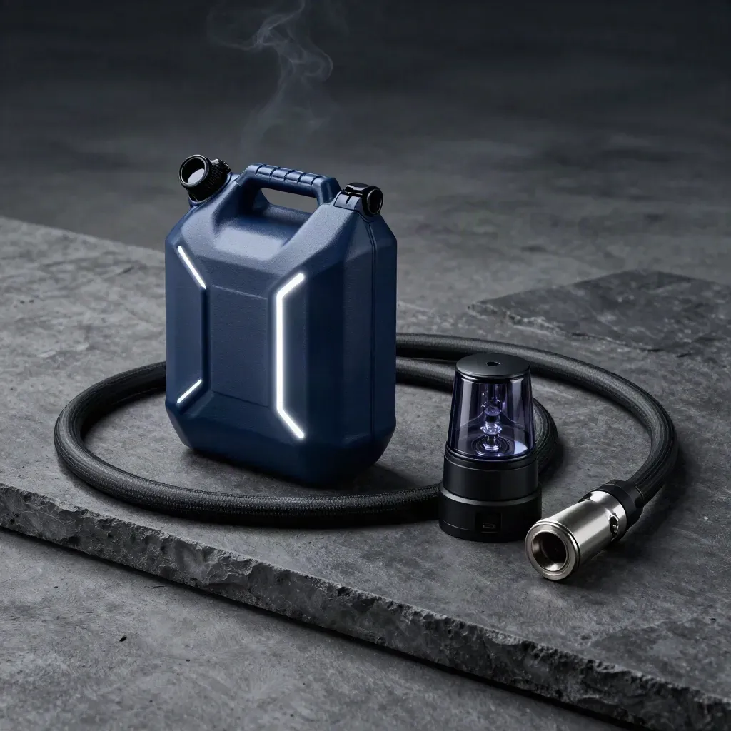 Fuel tote, coiled hose, and dark beacon on concrete in cool industrial light.